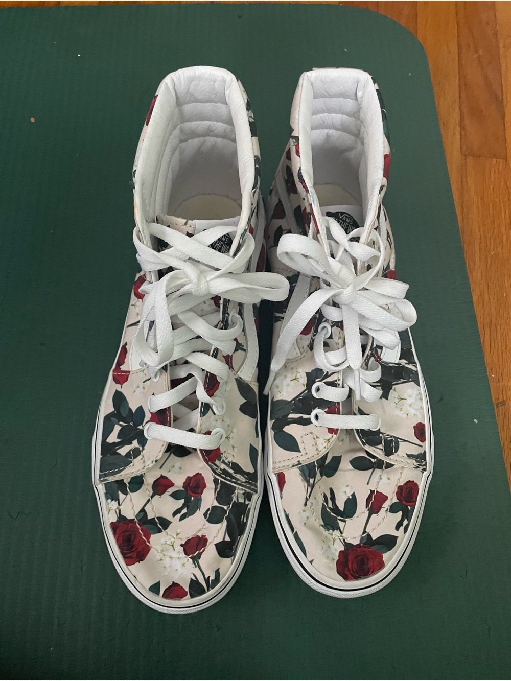 Vans High-Top Canvas Sneakers in White with Red Rose Print